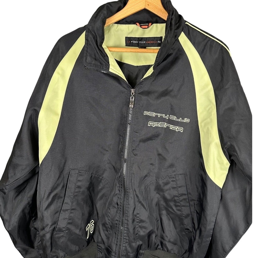 Perry Ellis America Mens Vintage Track Jacket Black Neon Green Windbreaker L